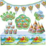 7 In 1 Dinosaur Birthday Decorations With Birthday Flags, 6 Hats, Plates ,  Napkins, Blow Outs Whistles And Table Cloth- AJ0571
