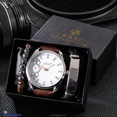 Wrist Wear Wonders Brown Leather Belt White Dial Watch with Men`s Fashion Accessories Set Buy Gift Sets Online for specialGifts