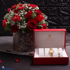 Timeless Love  Elegance Pack - Flower Arrangement With  Gold Color Watch Set Buy combo gift pack Online for specialGifts